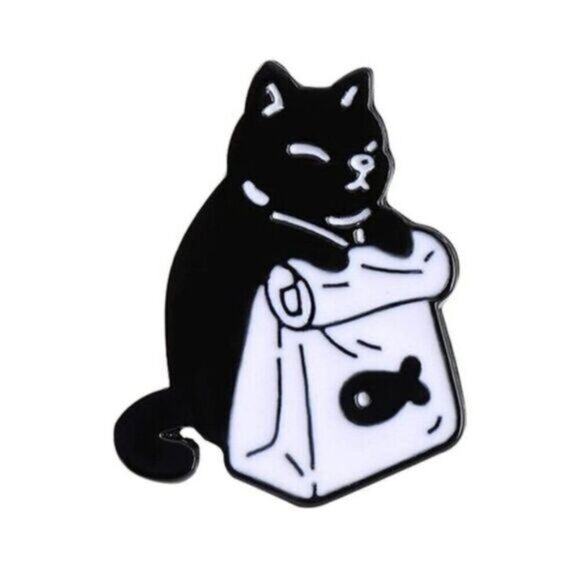 3/20 Black and White Cat Takeout Enamel Pin - Picture 1 of 1